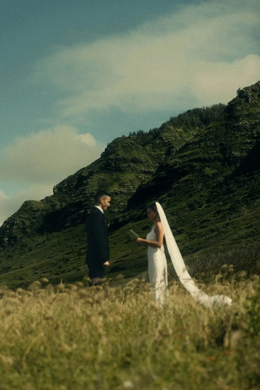 Couple face each other reading vows on a grassy hillside below a towering green mountain